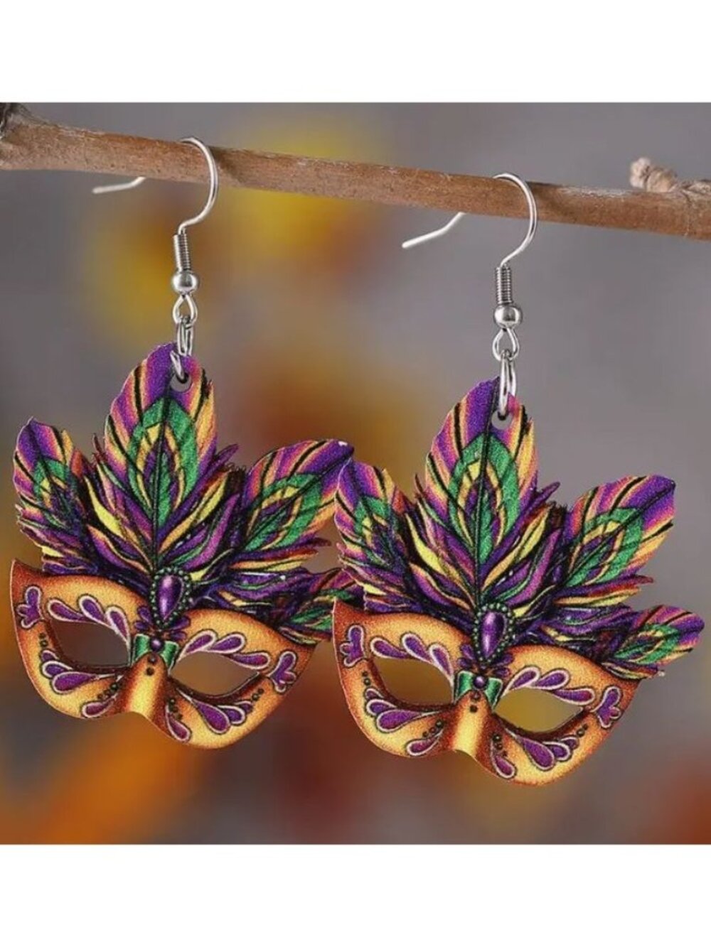 Carnival Feather Mask Earrings - Mardi Gras Themed Lightweight NEW